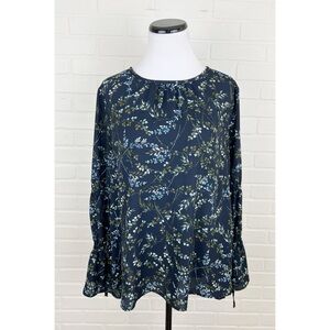 Loft Outlet Floral Tie Sleeve Bell Sleeve Blouse Top Navy Blue Green Size Medium
